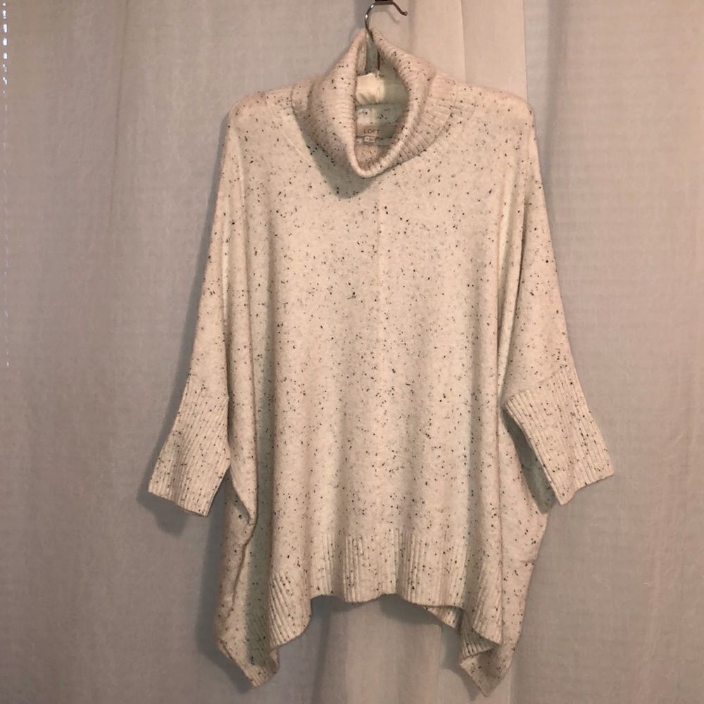LOFT M Knit Poncho Turtleneck Sweater Ivory Black Specks